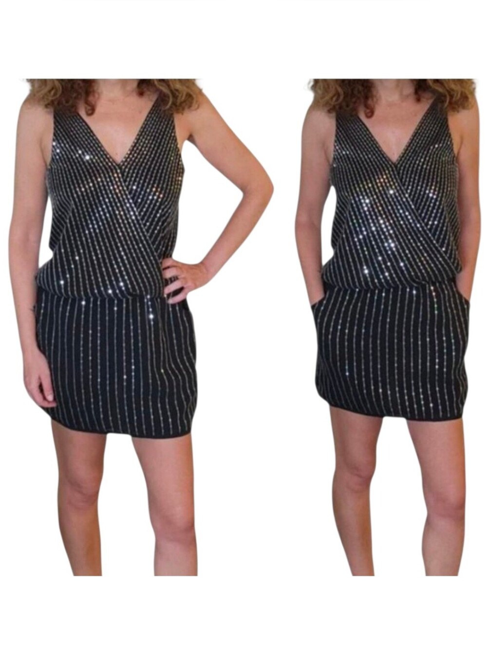 Molly Bracken Black and Silver Sequin Mini dress w/pockets NEW - XS